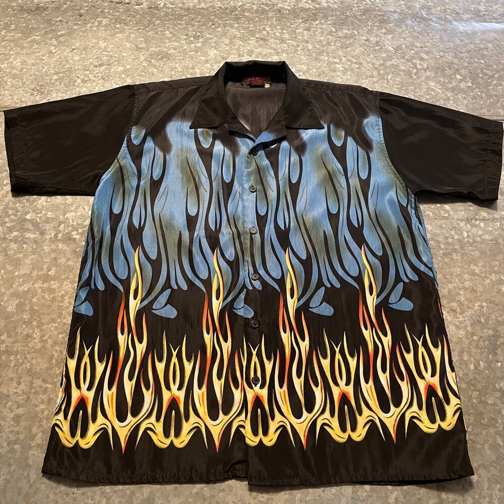 Vintage Sun & Moon Flames Fire Button Up Shirt Mens XL Racing Cars Biker 90s Y2K